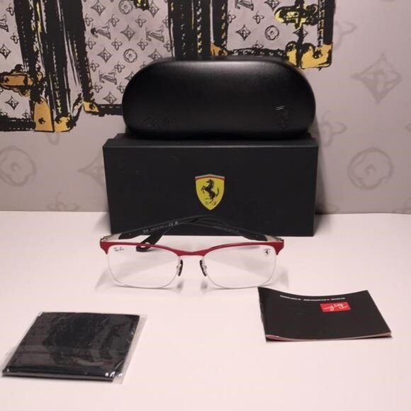 New Authentic Ray-Ban Ferrari RX8416M Eyeglasses – Matte Red on Silver, - Picture 4 of 12